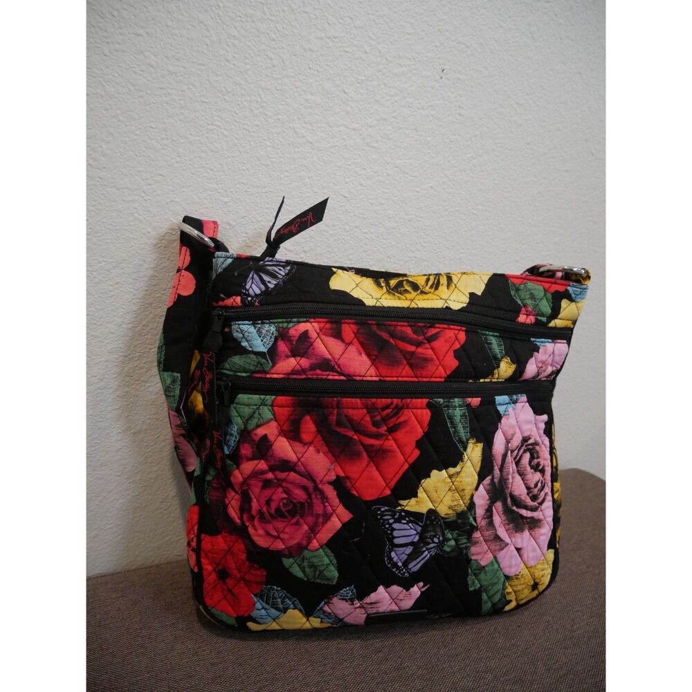 Vera Bradley Floral Rose Butterfly Quilted Crossbody Bag Black Multicolor